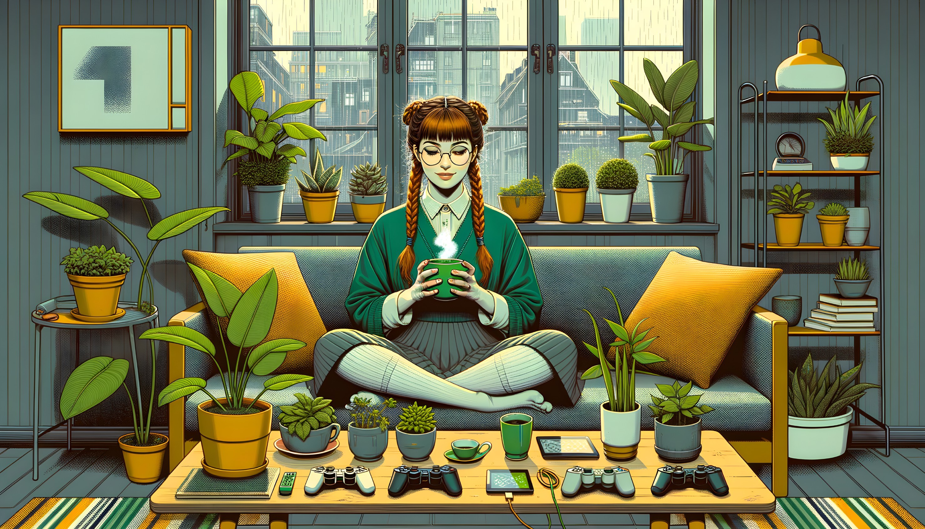 Cozy Indoor Scene with Woman Surrounded by Plants