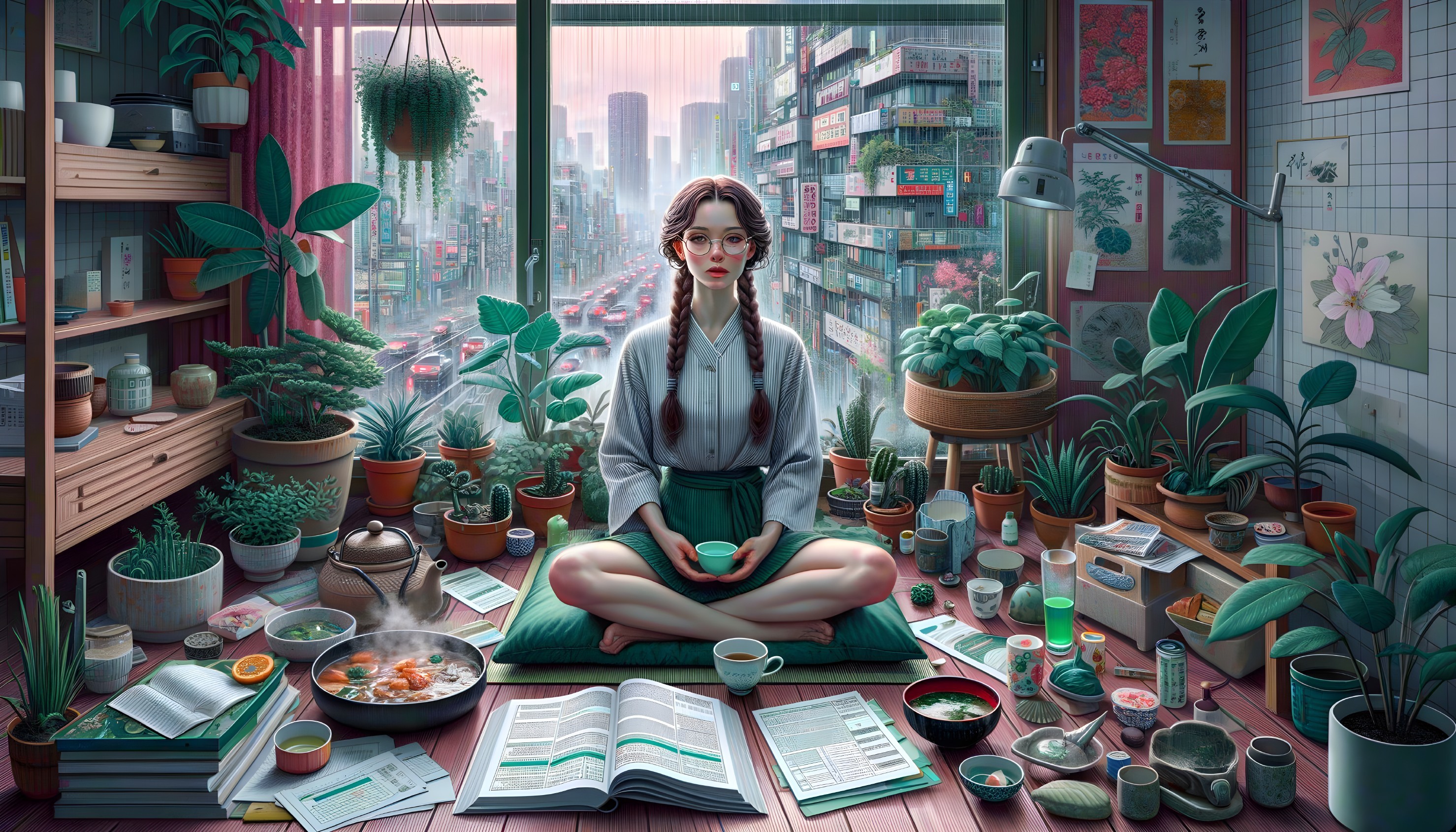 Urban Apartment Meditation with Houseplants and Books
