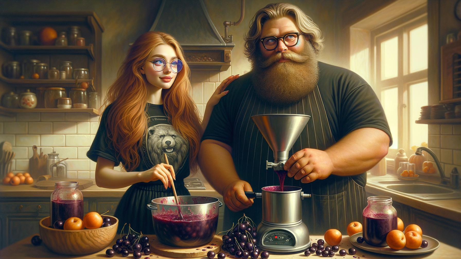 Cozy Kitchen Scene with Grape Preparation and Jars