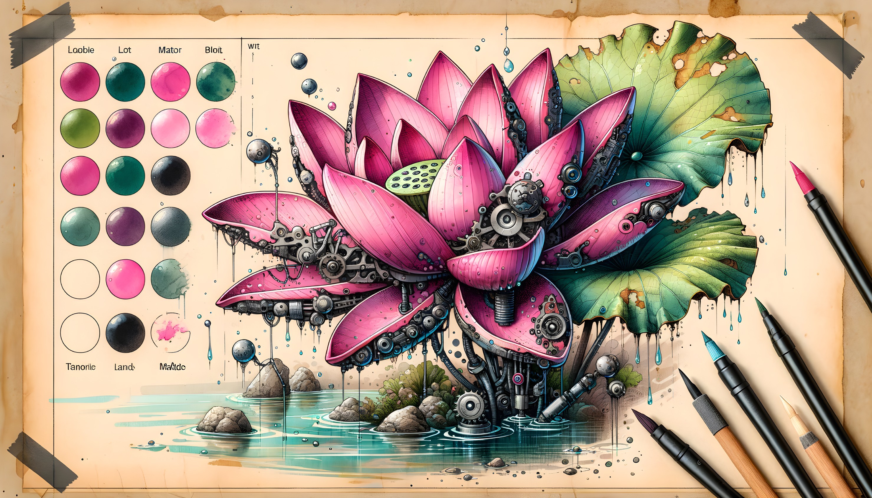 Mechanical Lotus Flower Illustration with Gears and Tools