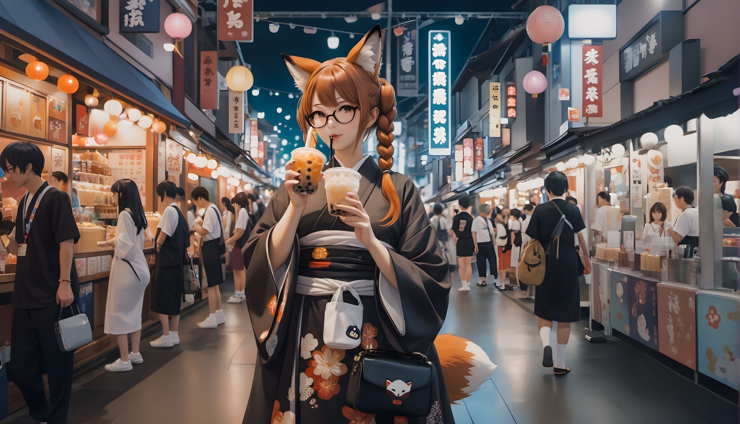 Young woman in kimono at vibrant market street