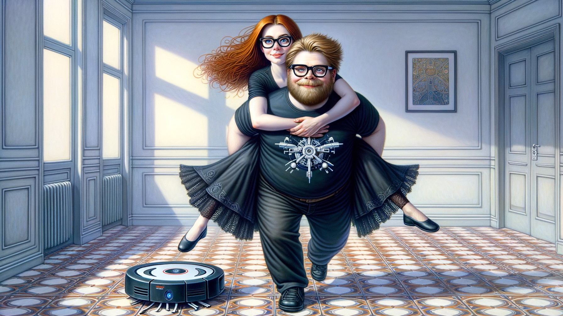 Whimsical Interior with Playful Couple and Robot Vacuum