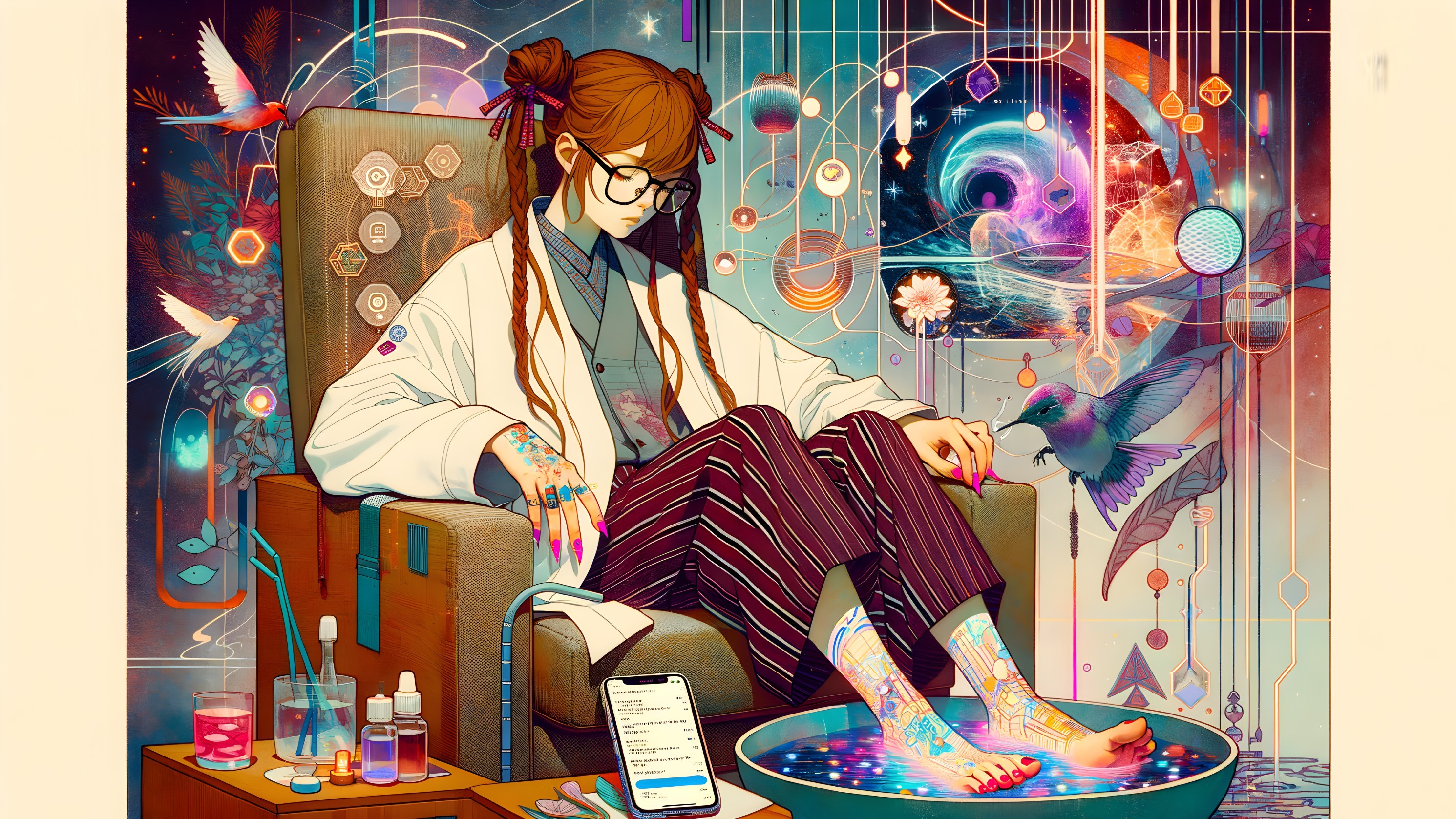 Girl in glasses relaxing with colorful water bowl