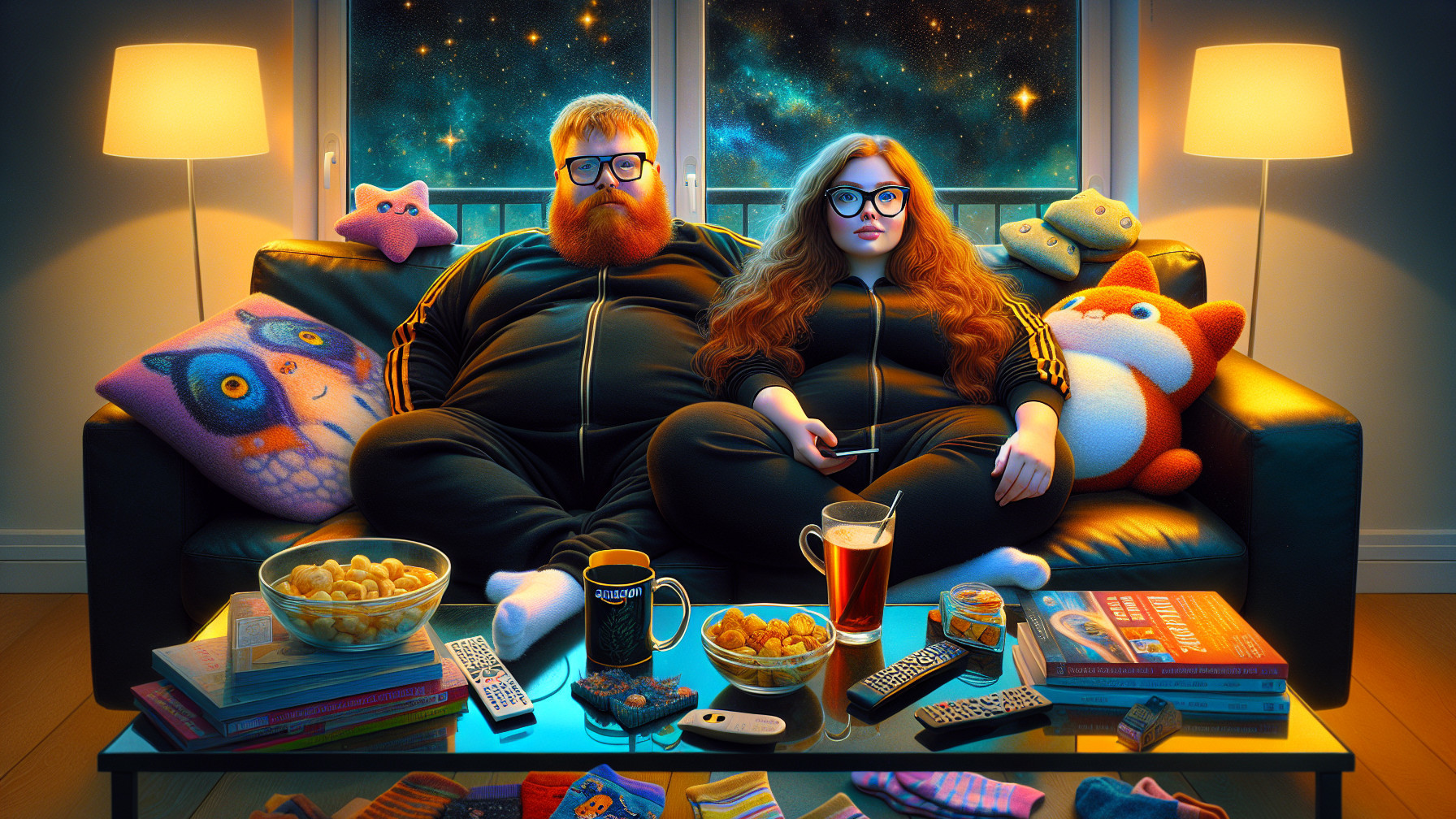 Cozy Living Room with Couple in Matching Tracksuits