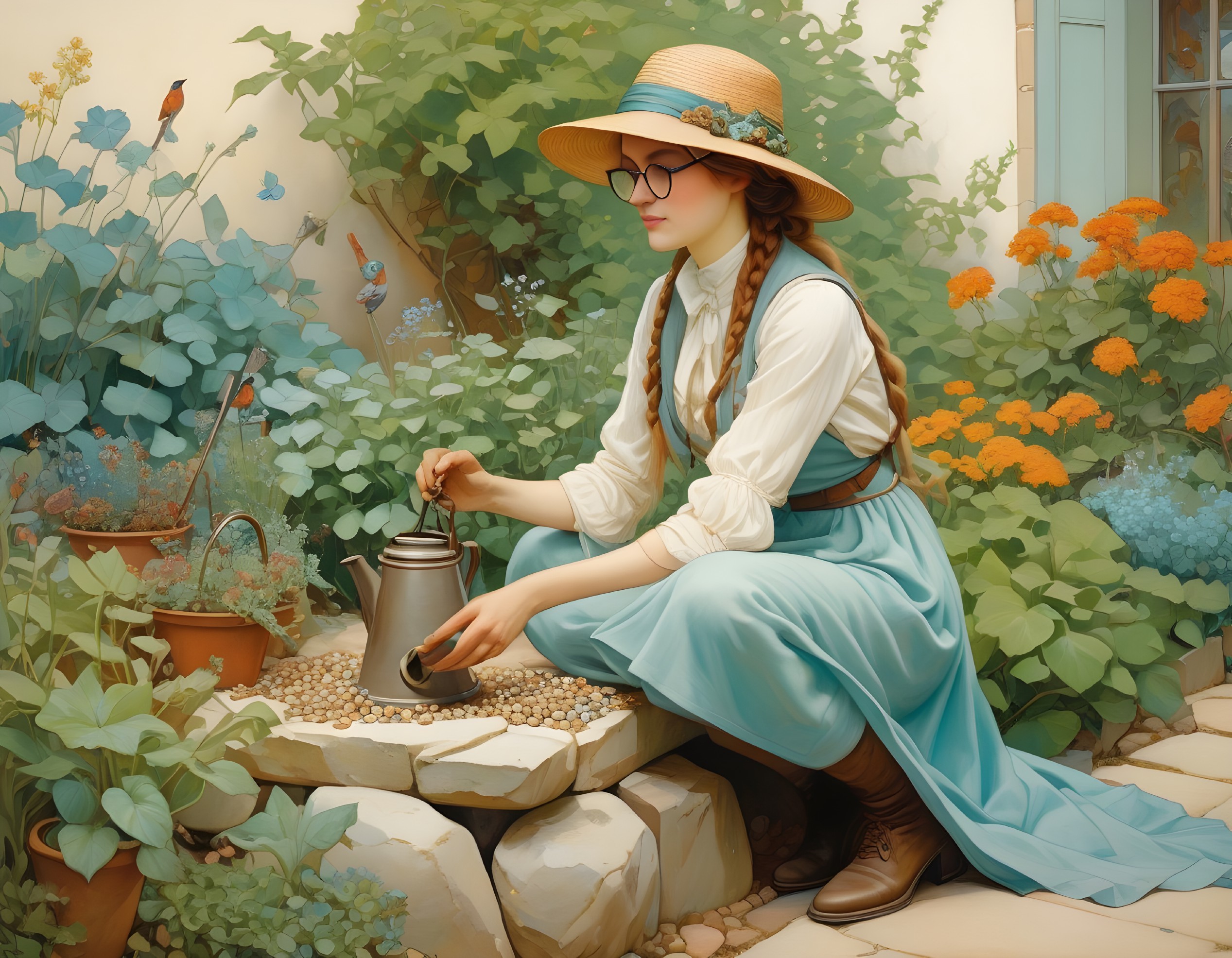 Vintage Outfit Woman Watering Plants in Garden