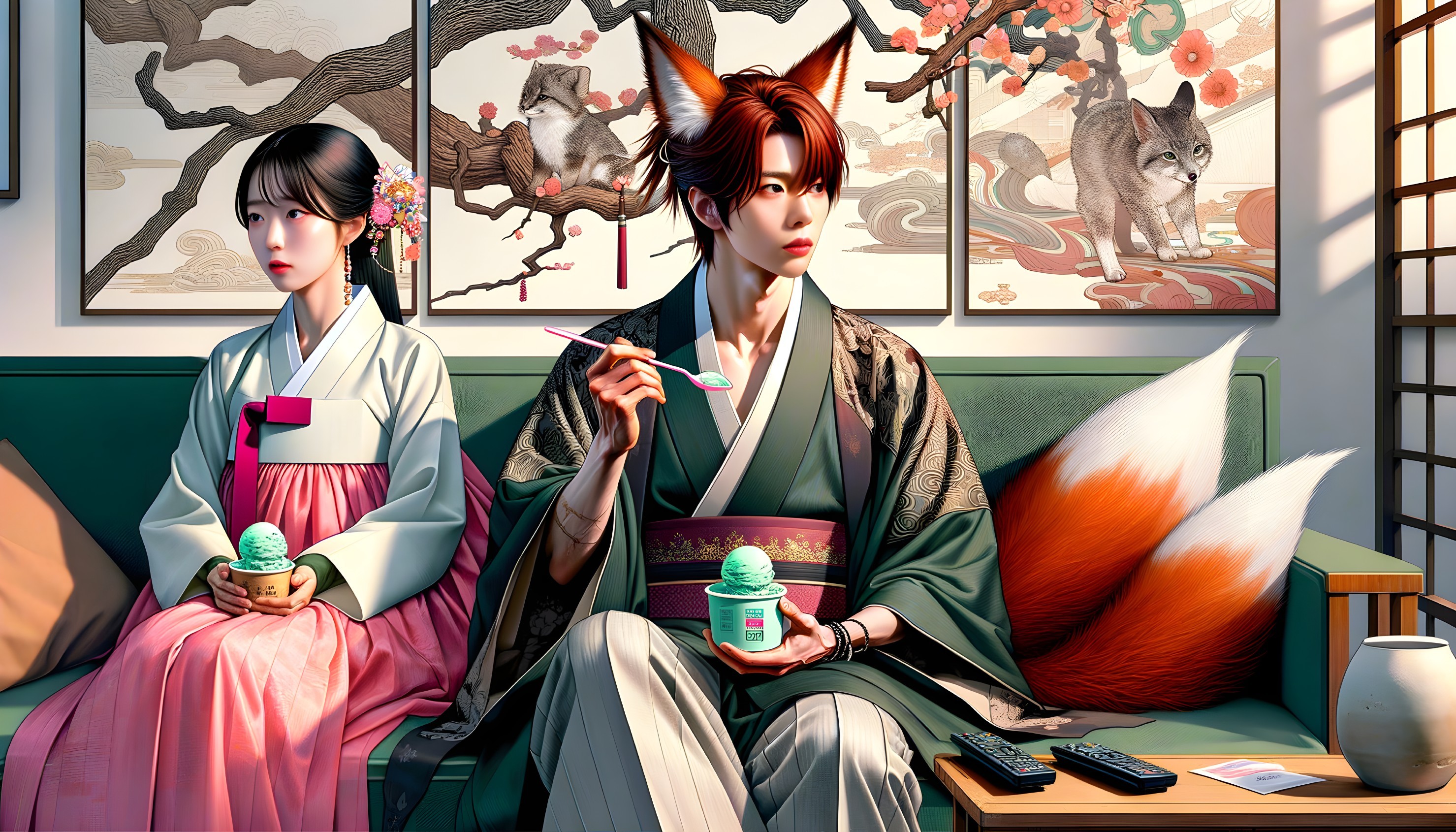 Cozy Room with Traditional Artwork and Cultural Elements