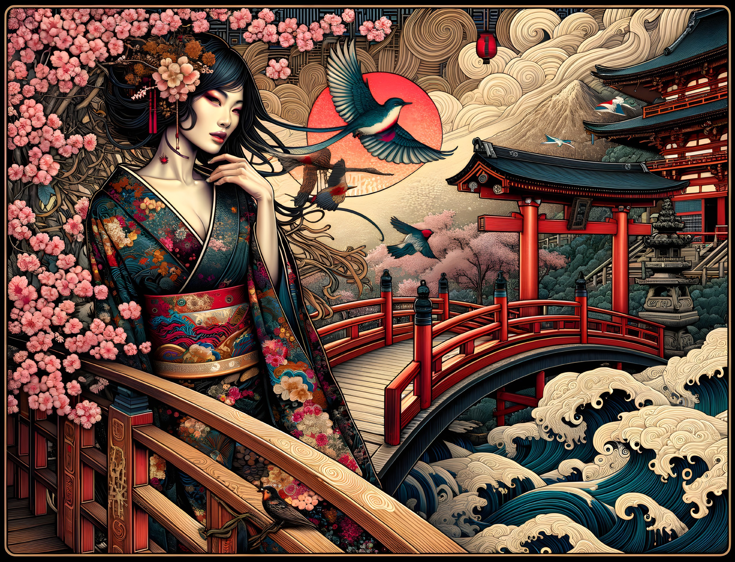 Woman in Kimono on Bridge Amid Cherry Blossoms