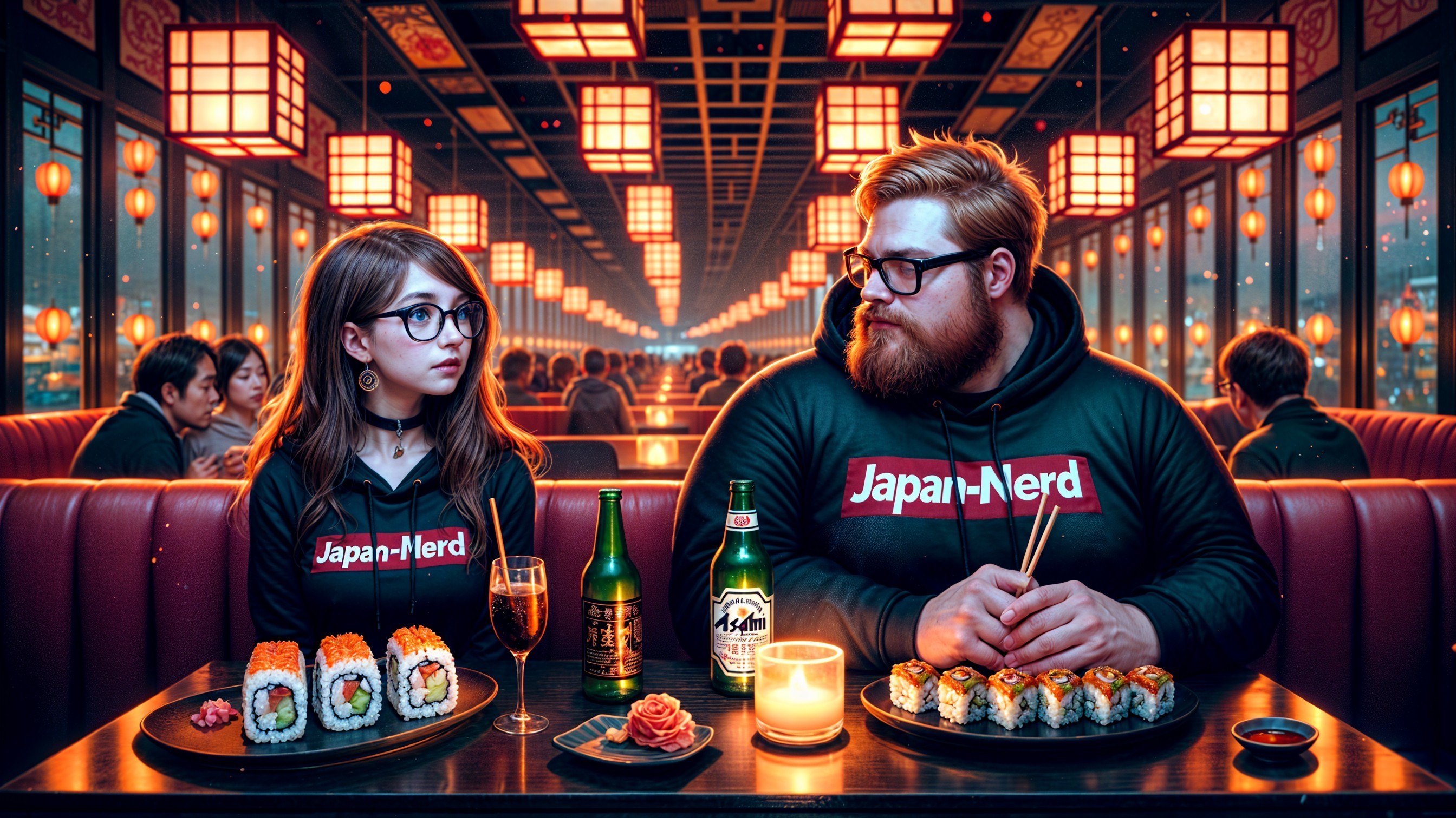 Sushi Restaurant Scene with Colorful Cuisine and Diners