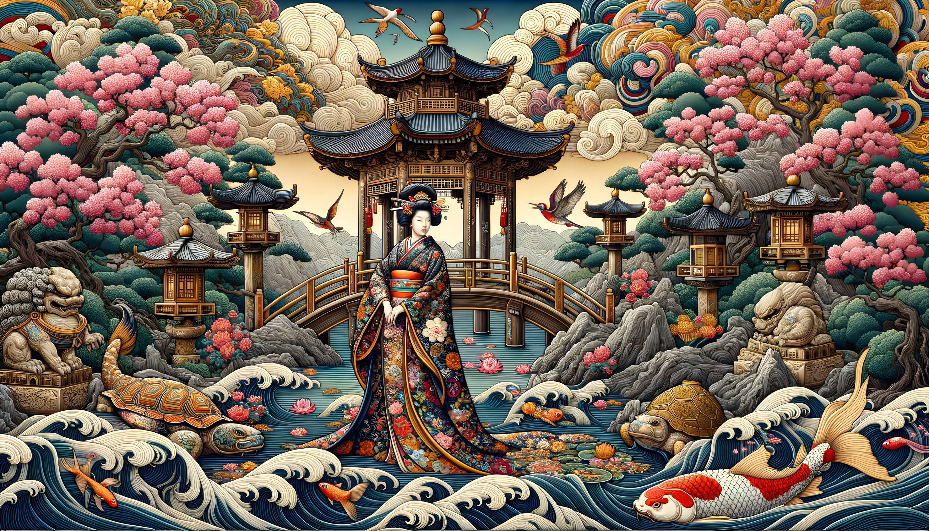 Vibrant Japanese Art Scene with Woman and Nature Elements
