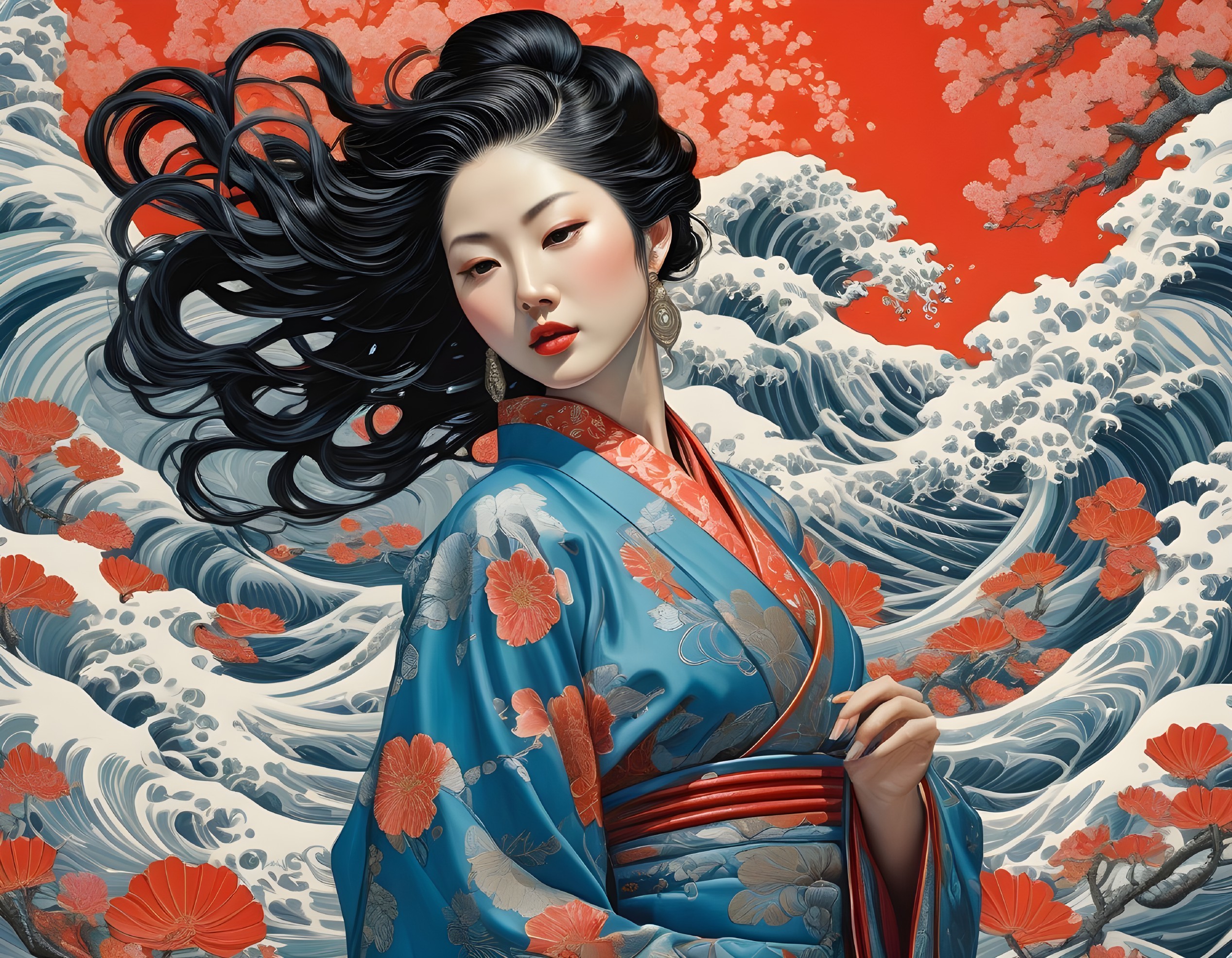 Woman in Blue Kimono with Waves and Cherry Blossoms