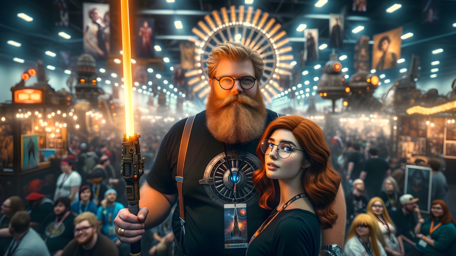 Convention Scene with Lightsaber and Themed Attire