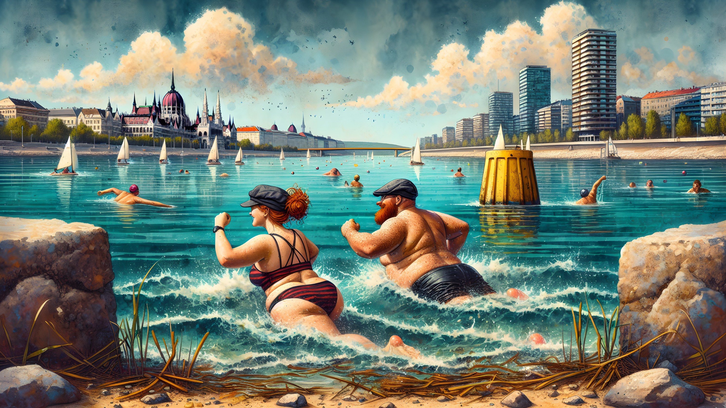 Summer Scene with Figures Splashing in Water