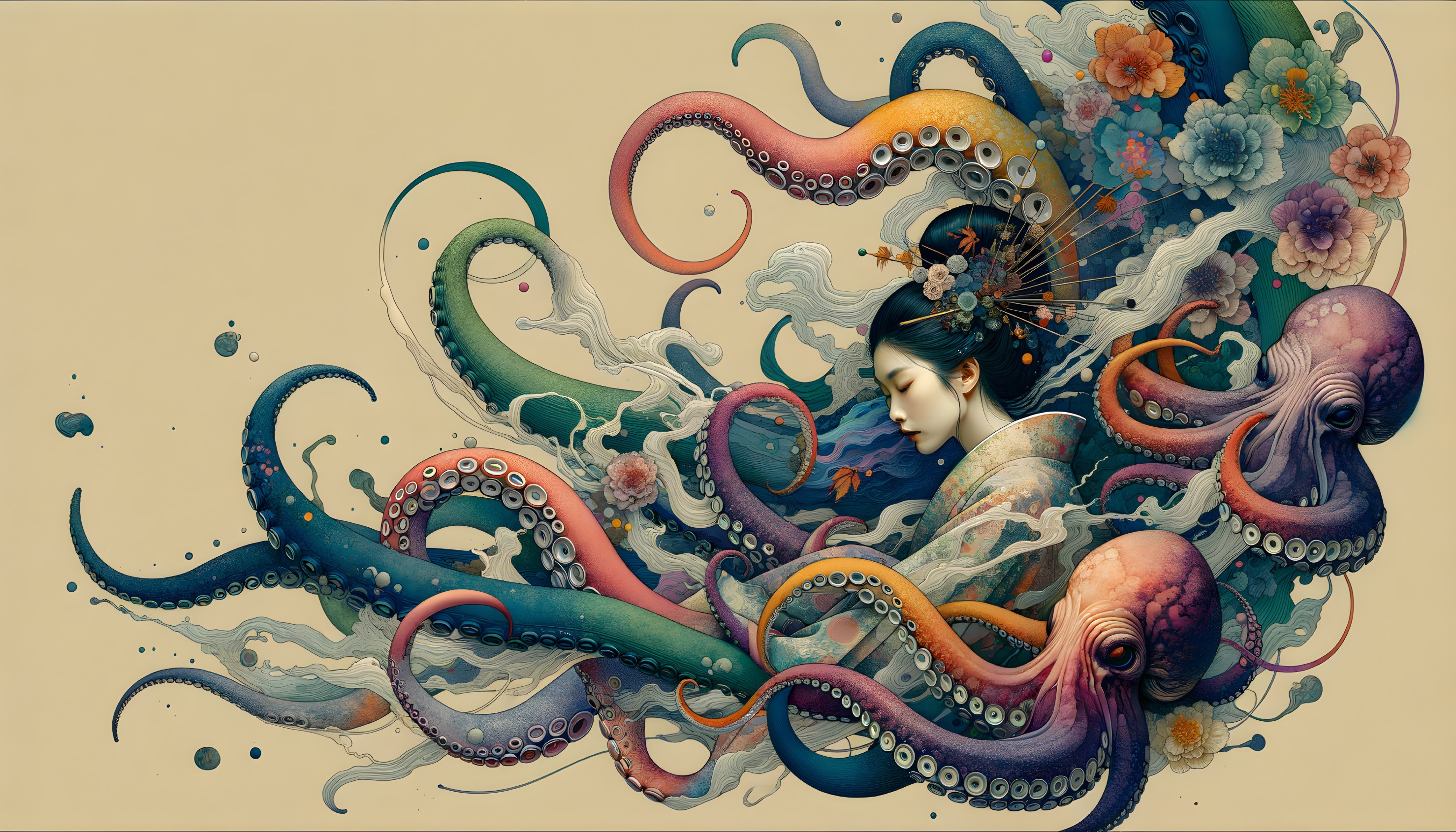 Surreal Artwork of Woman with Colorful Octopus Tentacles