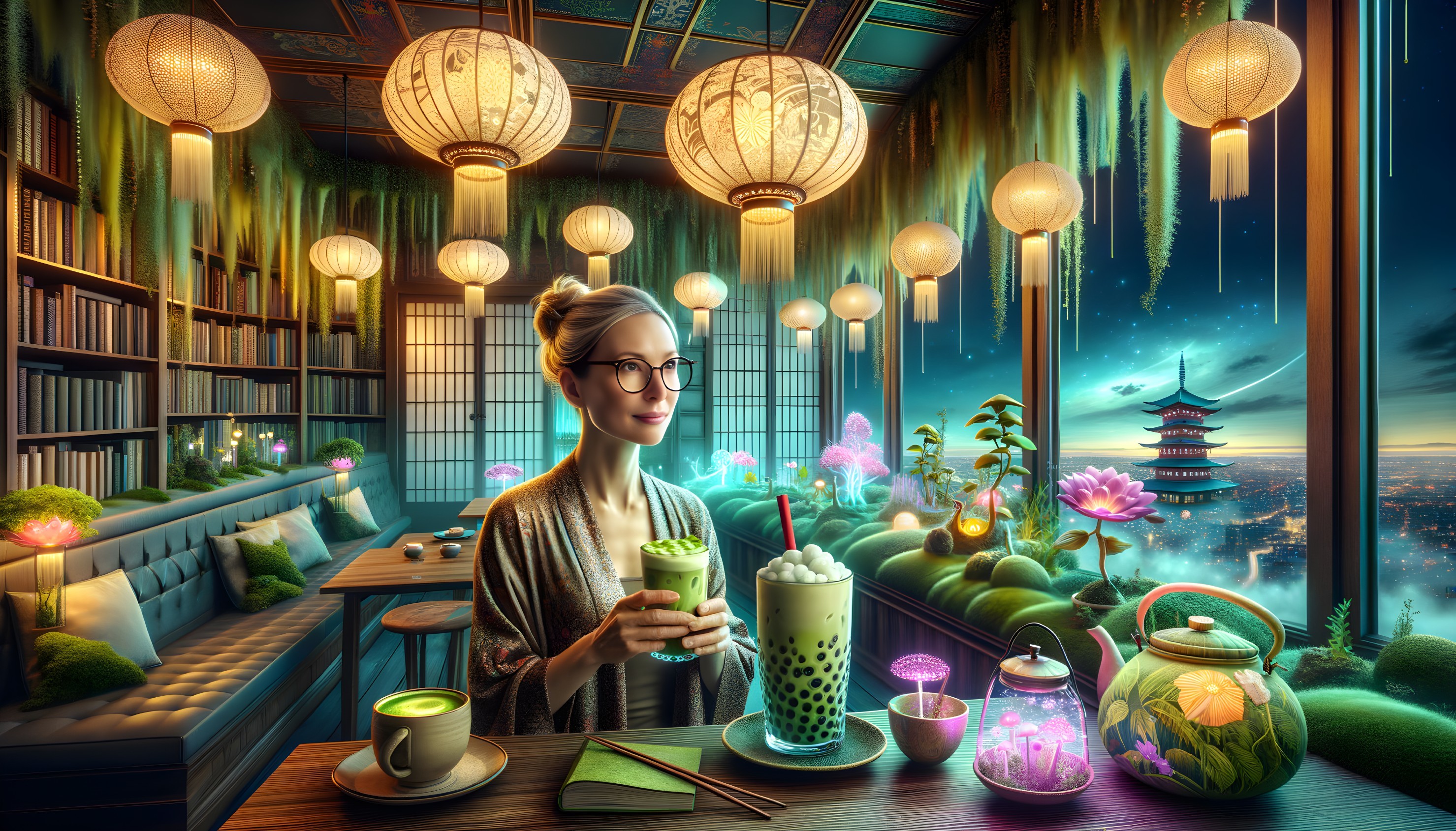 Woman in Sweater Sipping Drink in Futuristic Café