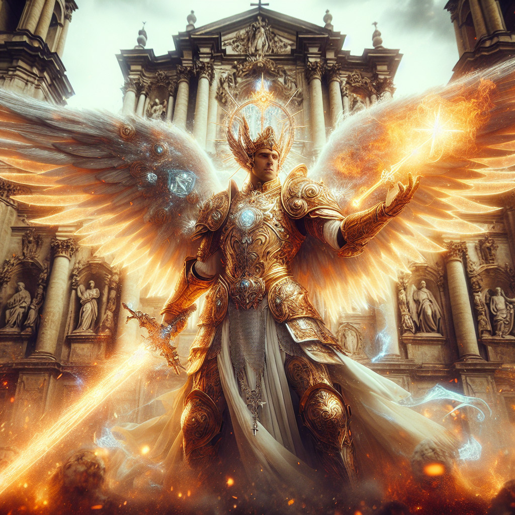 Majestic angel in golden armor with radiant sword