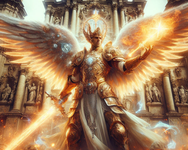 Majestic angel in golden armor with radiant sword