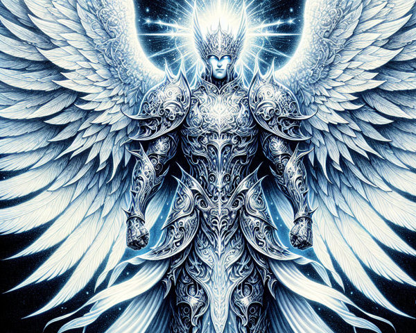 Majestic angelic figure in silver armor with wings