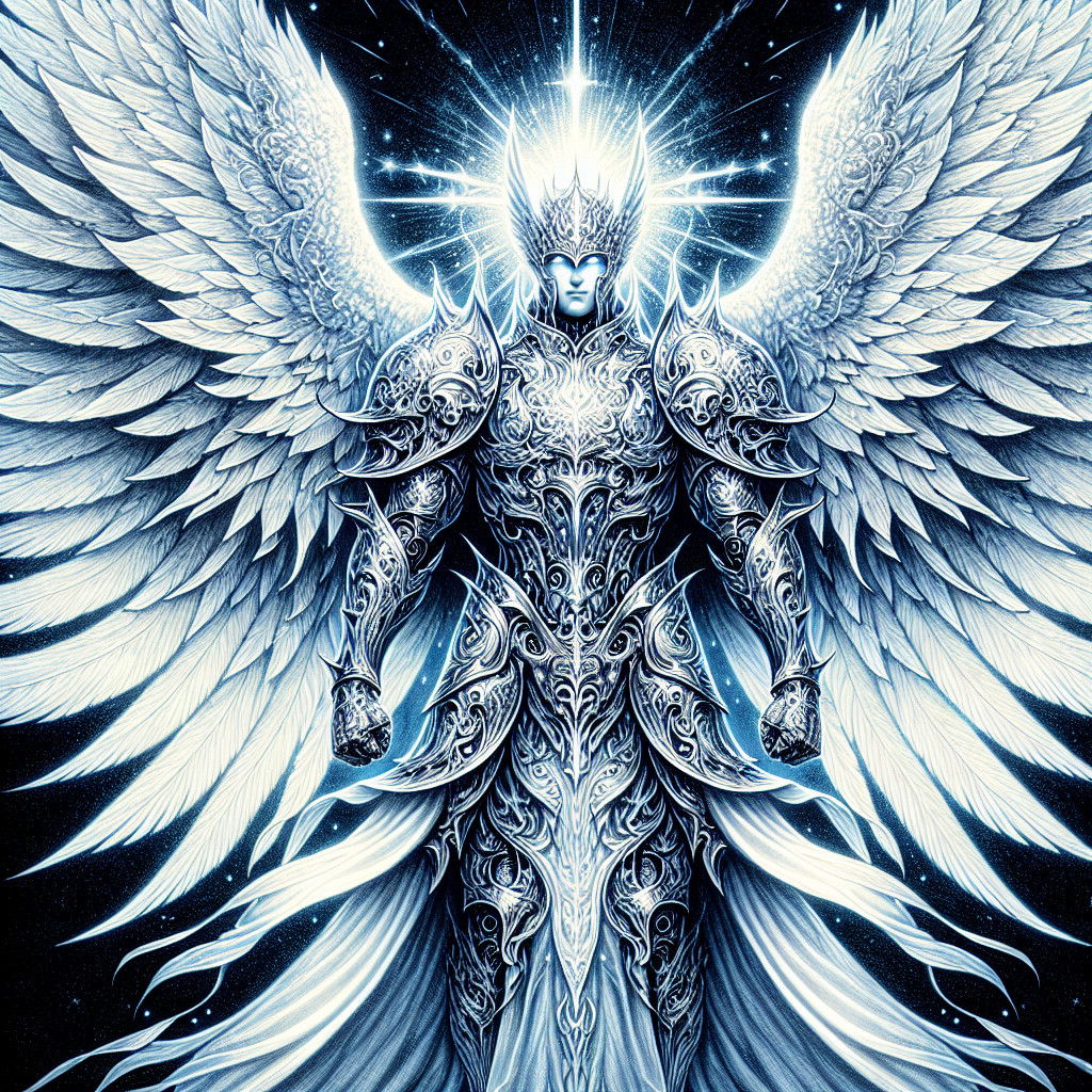 Majestic angelic figure in silver armor with wings
