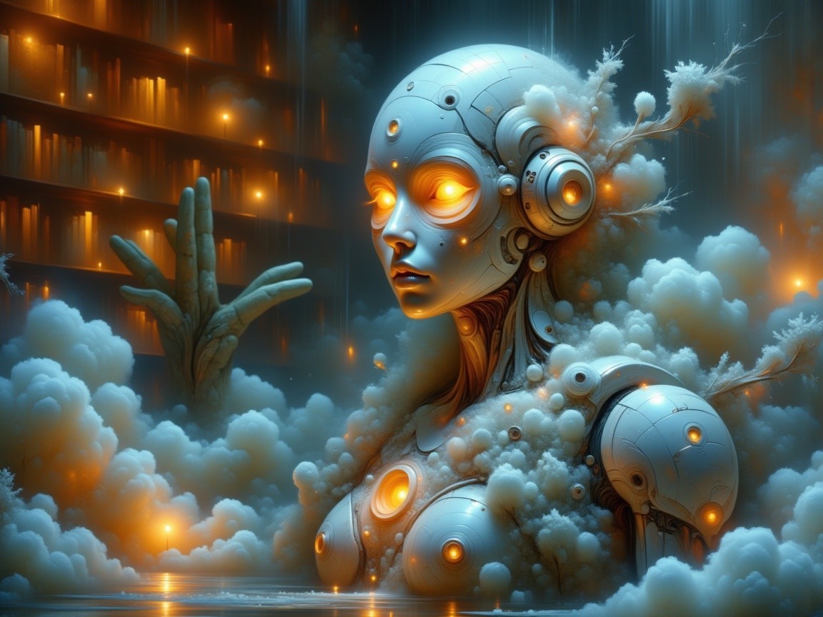 Futuristic Robot in Misty Library Setting