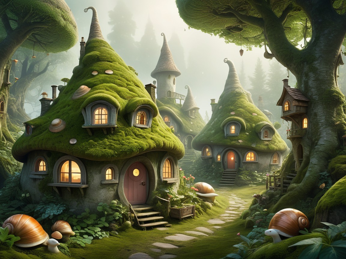Whimsical Moss-Covered Houses in a Lush Garden