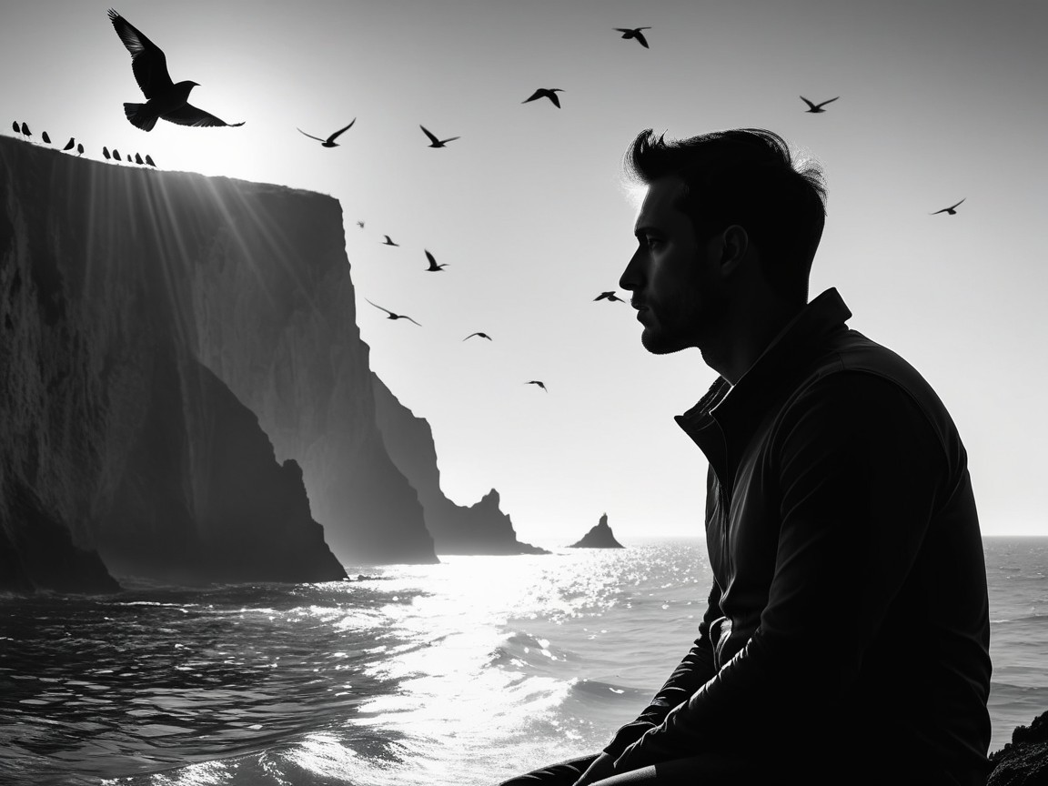 Silhouette of a Man by the Ocean at Sunset