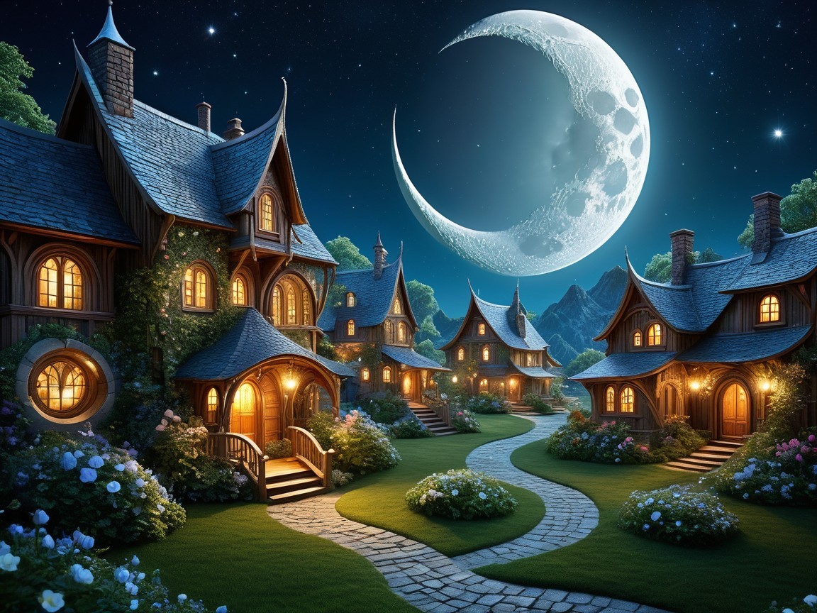 Whimsical Cottages Under a Crescent Moon at Night