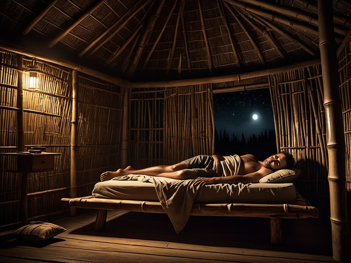 Serene Rustic Interior with Man Sleeping in Hut