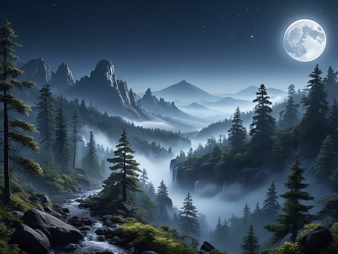 Moonlit Nighttime Landscape with Mountains and River
