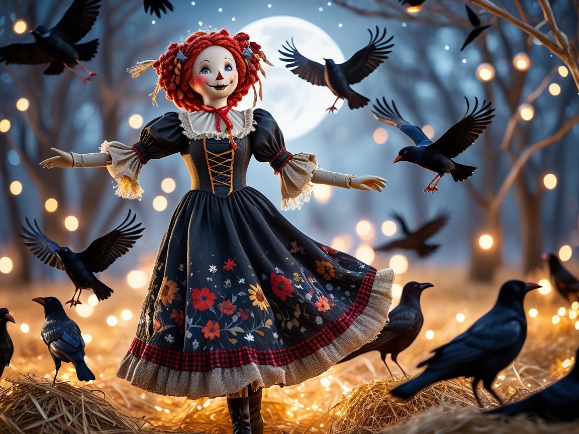 Whimsical Doll in Moonlit Scene with Flying Crows