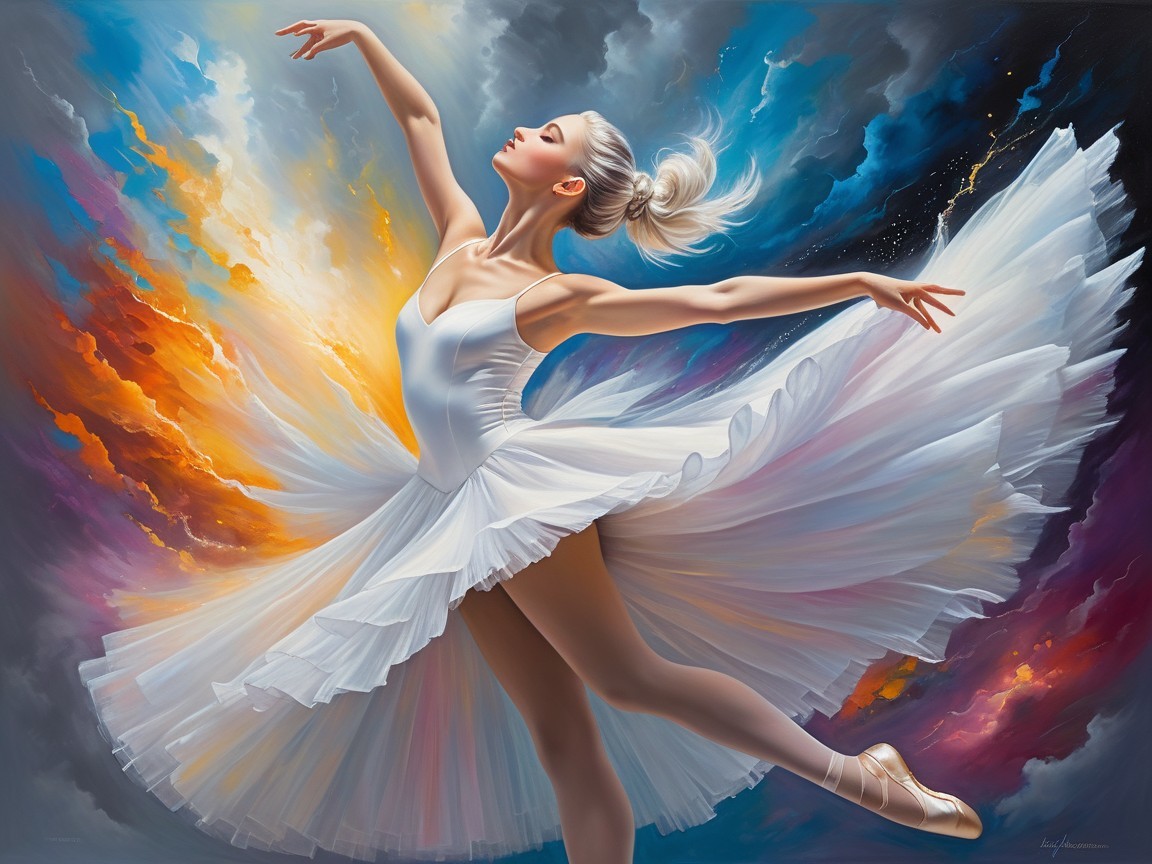 Ballerina in White Tutu Against Vibrant Background