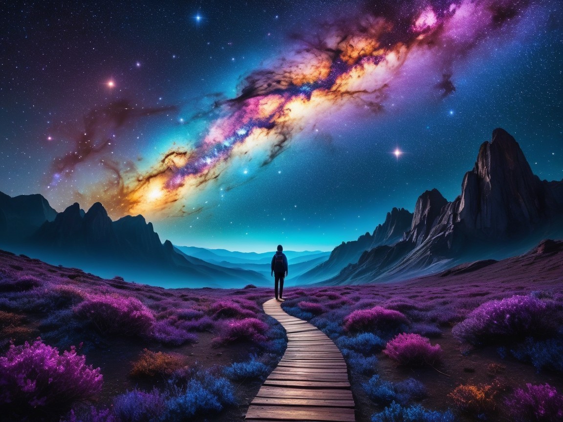 Traveler on Wooden Path Surrounded by Purple Flowers