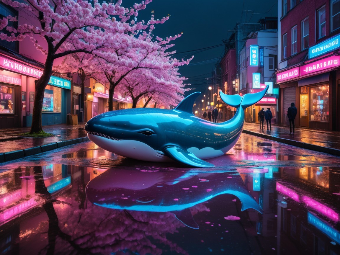 Vibrant Night Street Scene with Blue Whale and Cherry Blossoms