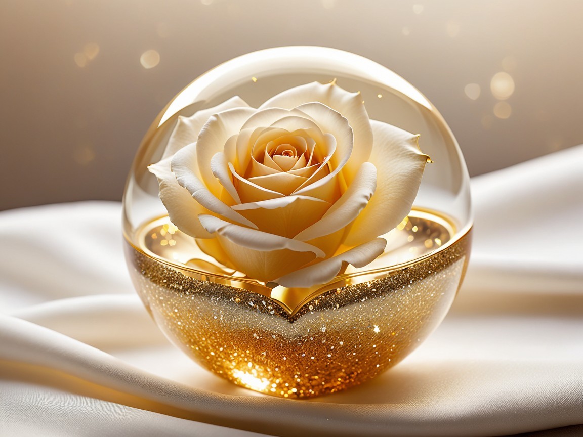 White Rose Under Glass Dome with Gold Glitter Base