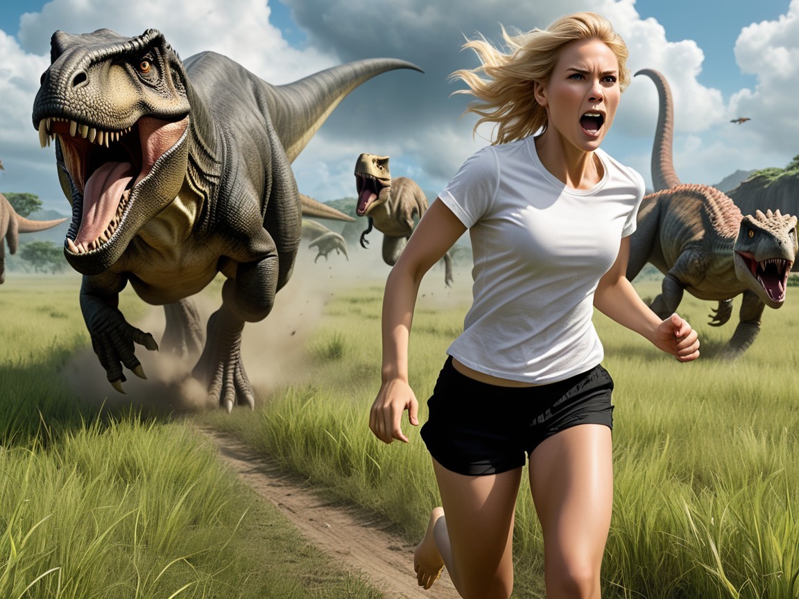 Woman Sprinting from Dinosaurs in Grassy Landscape