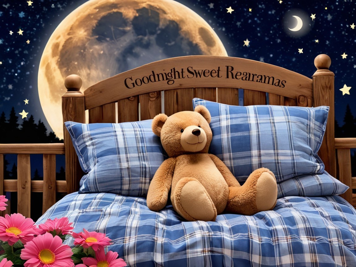 Cozy Bed with Blue Plaid Bedding and Teddy Bear