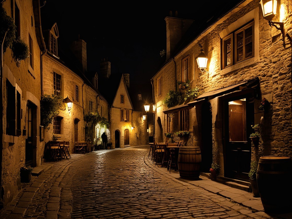 Charming Cobblestone Street with Lanterns and Rustic Buildings