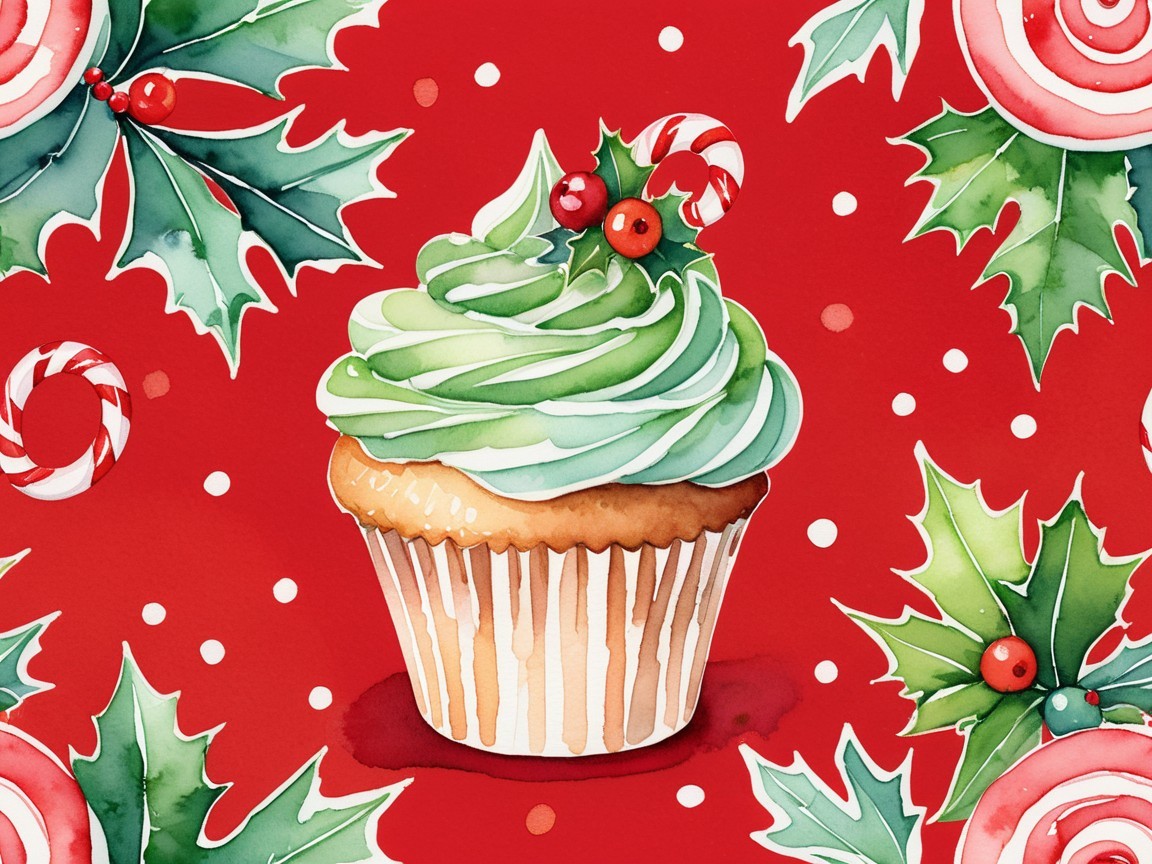 Watercolor Christmas Cupcake with Holly and Candy Canes