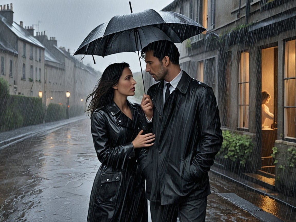 Couple Under Black Umbrella on Rainy Street
