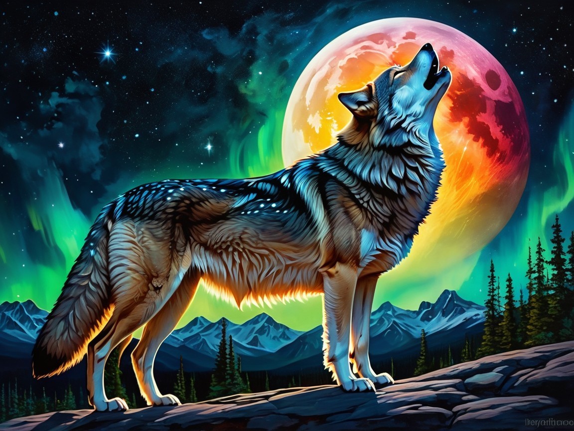 Wolf Howling at Vibrant Moon in Enchanting Wilderness