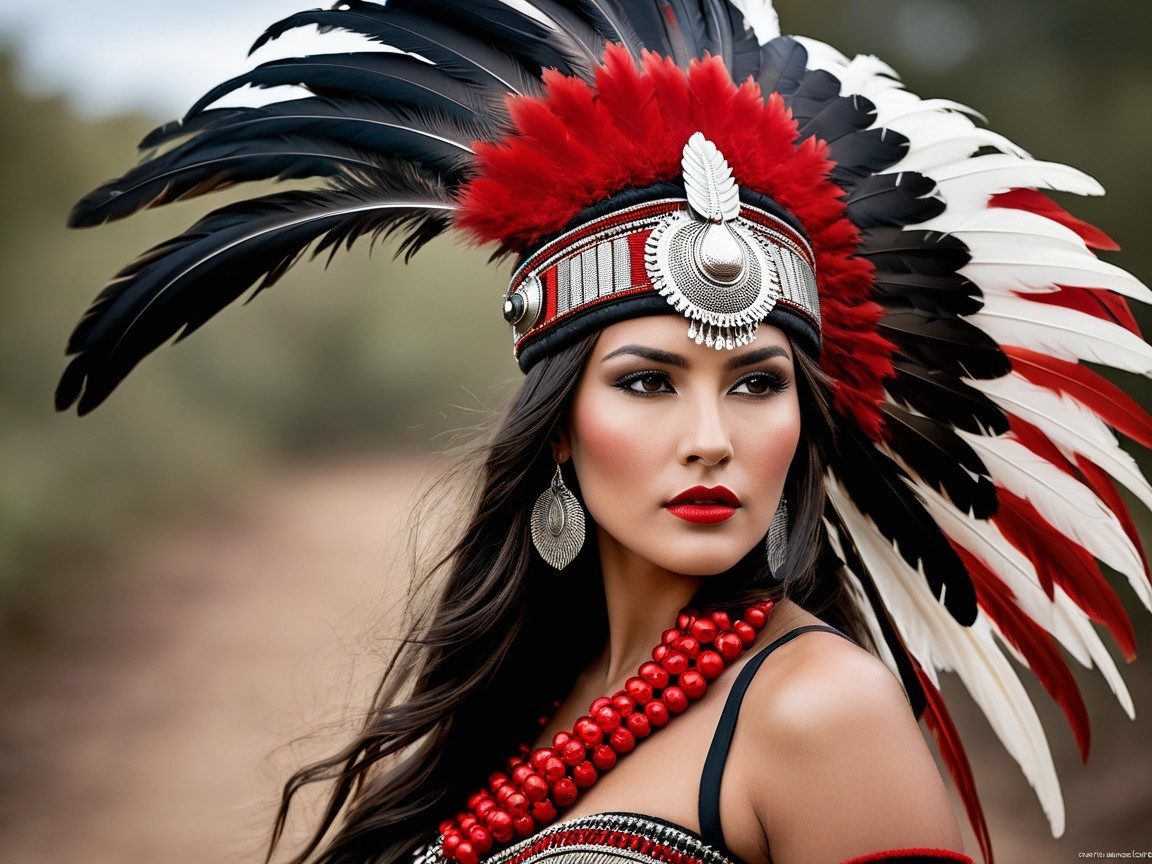 Vibrant Traditional Attire with Feathered Headdress