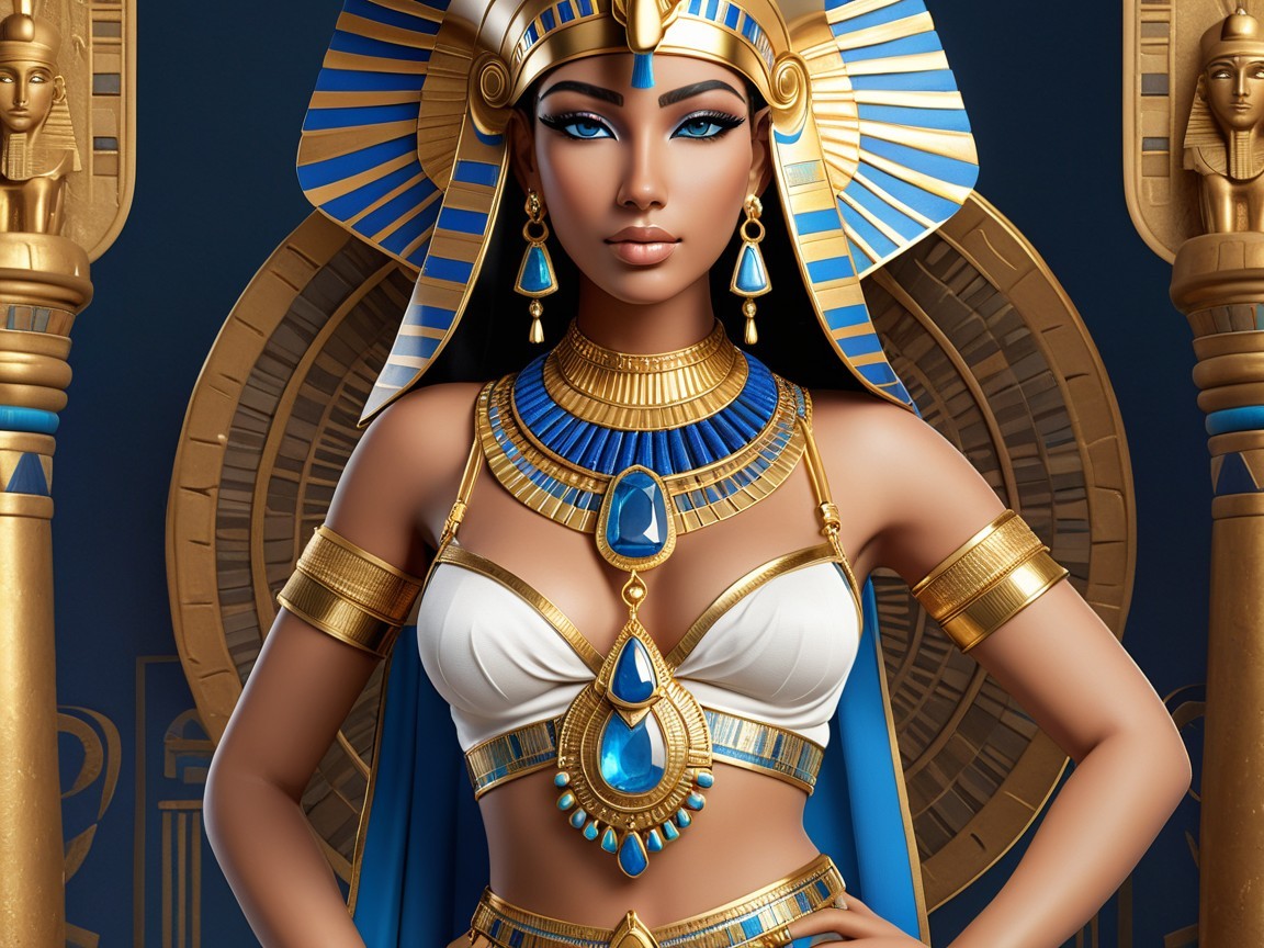 Egyptian Queen with Golden Jewelry and Blue Outfit
