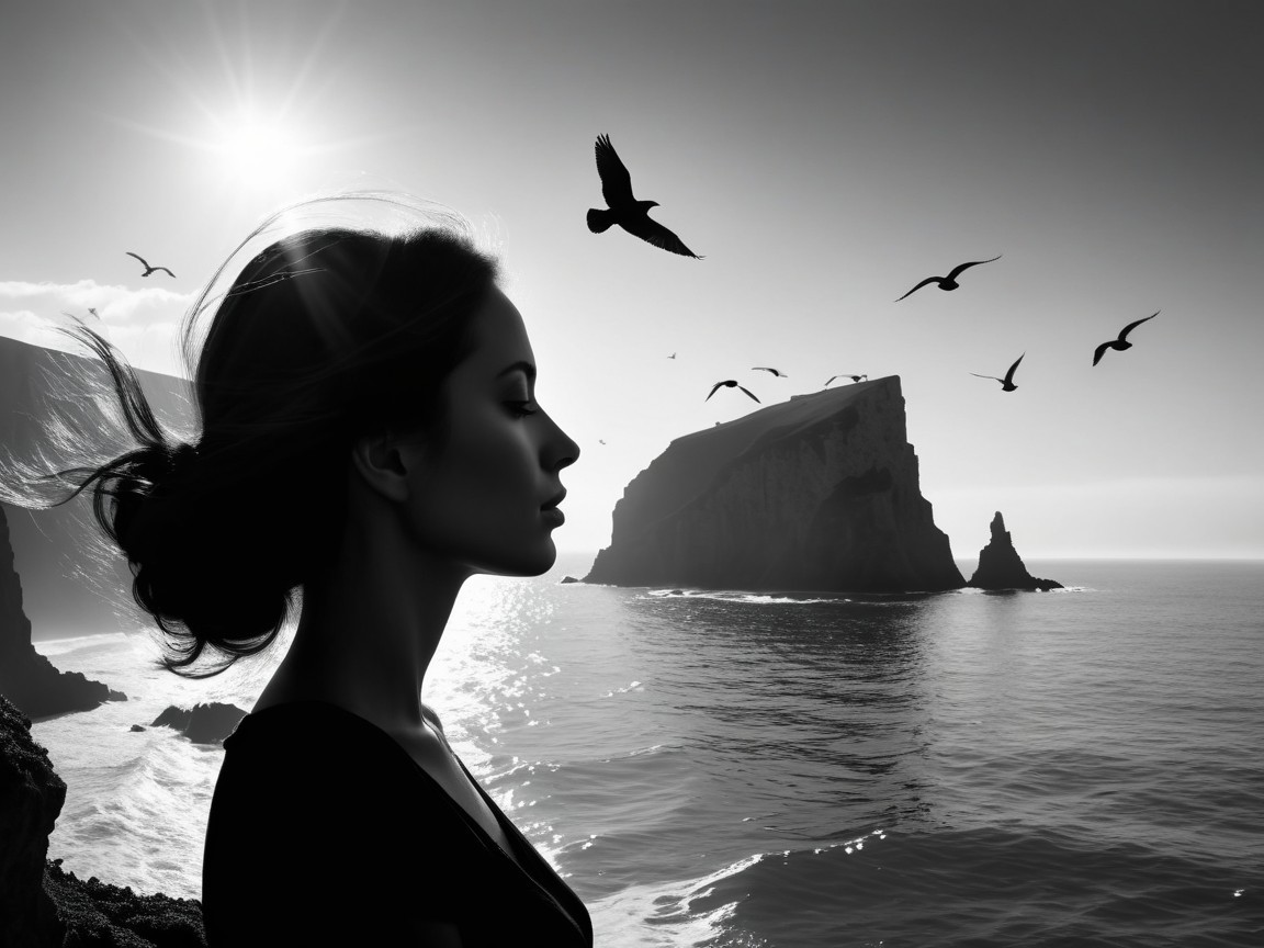 Silhouette of Woman Against Dramatic Coastline Scene