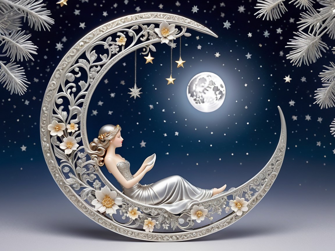 Elegant Figure on Crescent Moon in Night Sky Scene