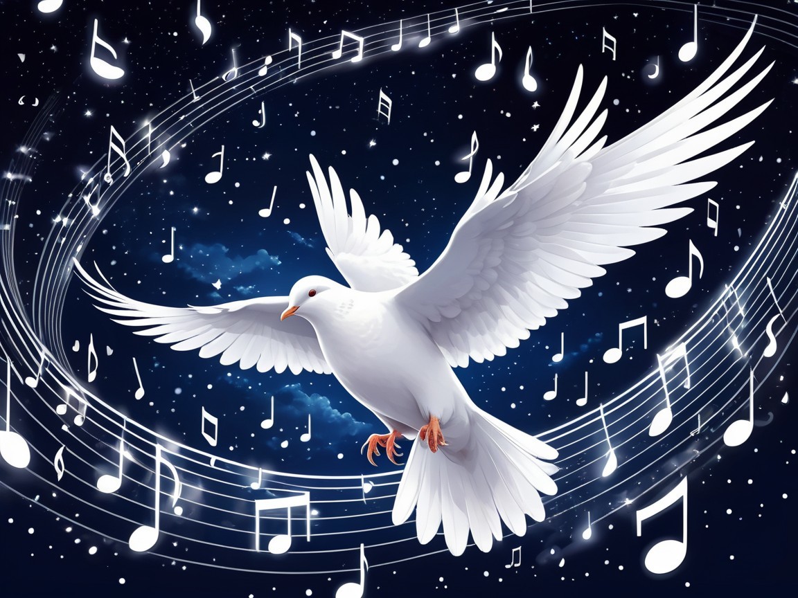 White Dove in Starry Sky with Musical Notes