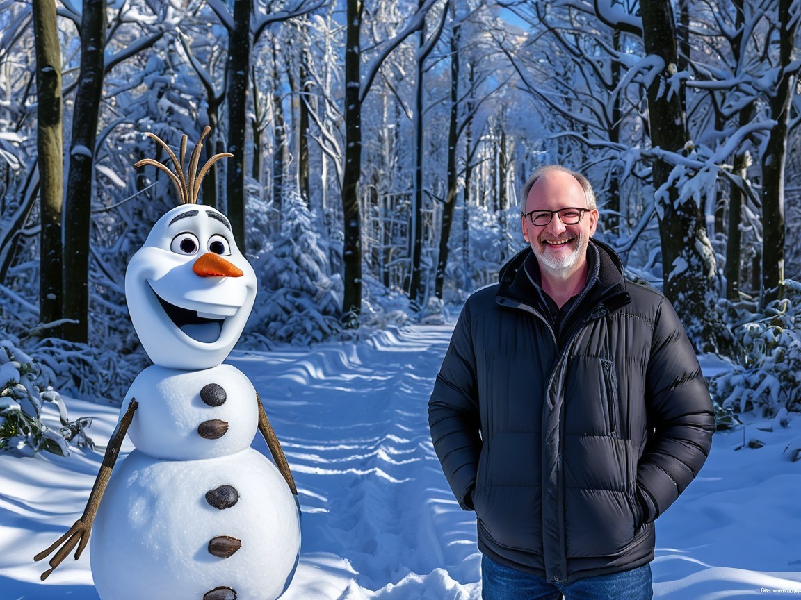 Snowman and Man in a Winter Landscape Scene