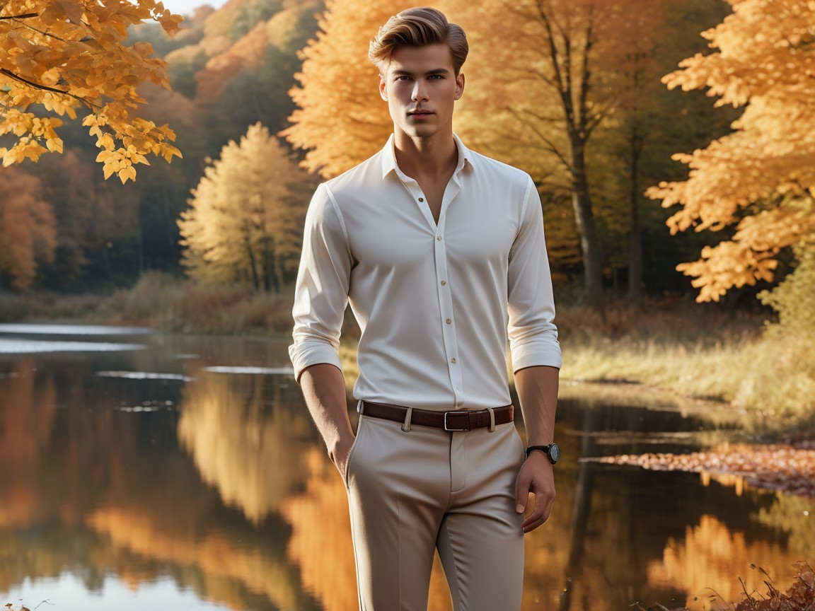 Stylish Young Man by Serene Lake in Autumn Foliage