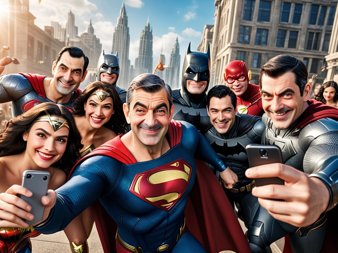 Superheroes in Iconic Costumes Pose in Cityscape Selfie