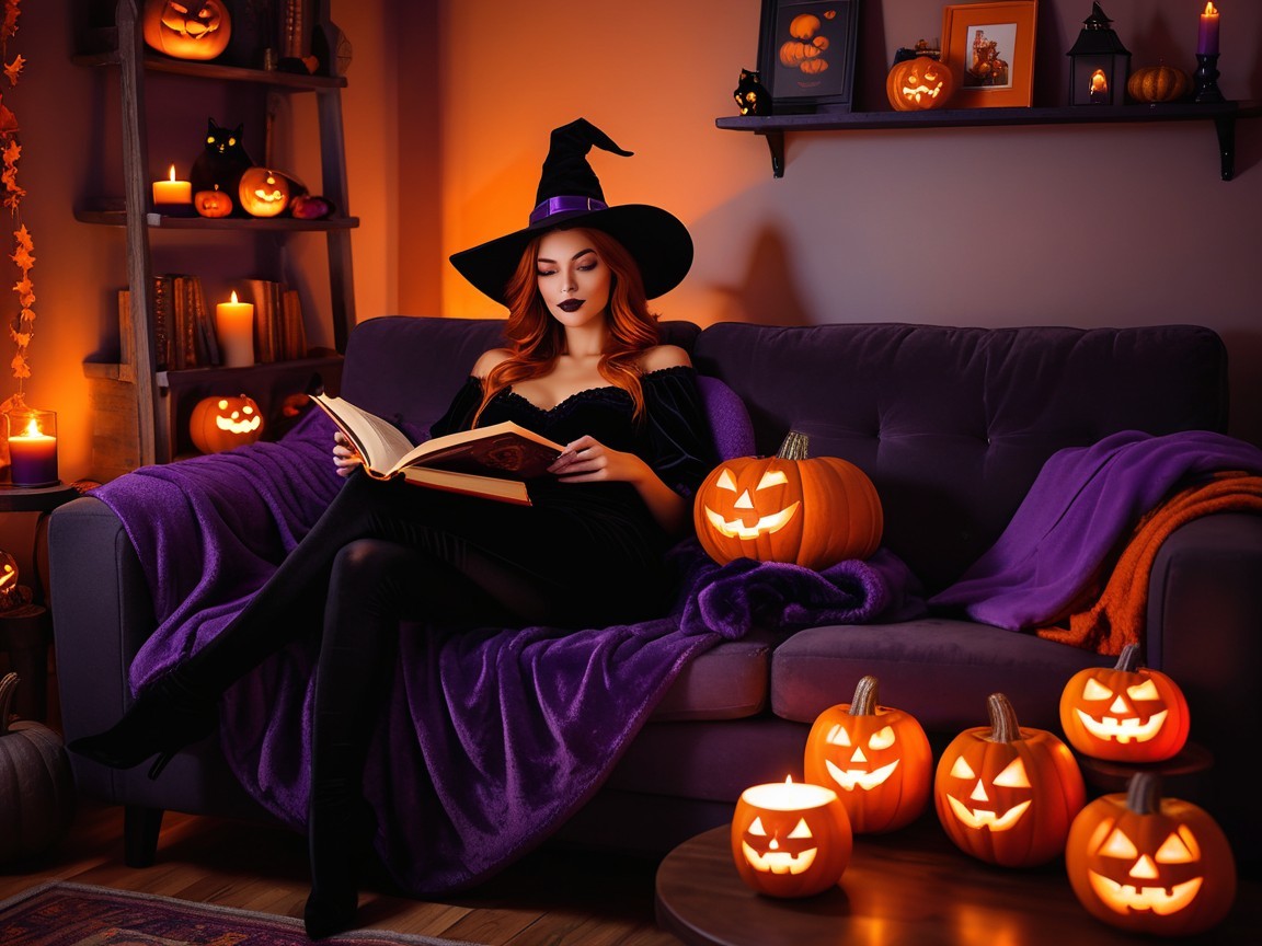 Woman in Witch Costume Reading on Couch with Candles