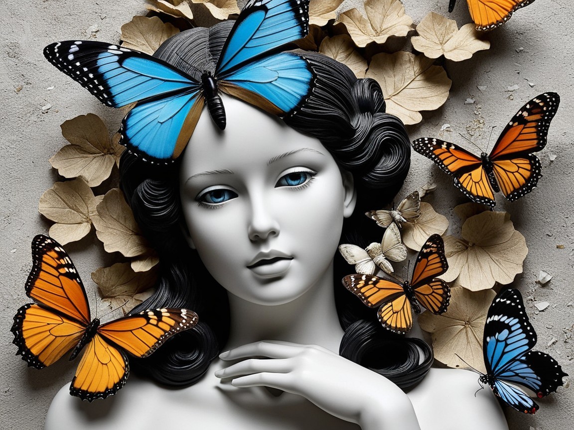 Sculpture of a Woman with Butterflies and Leaves