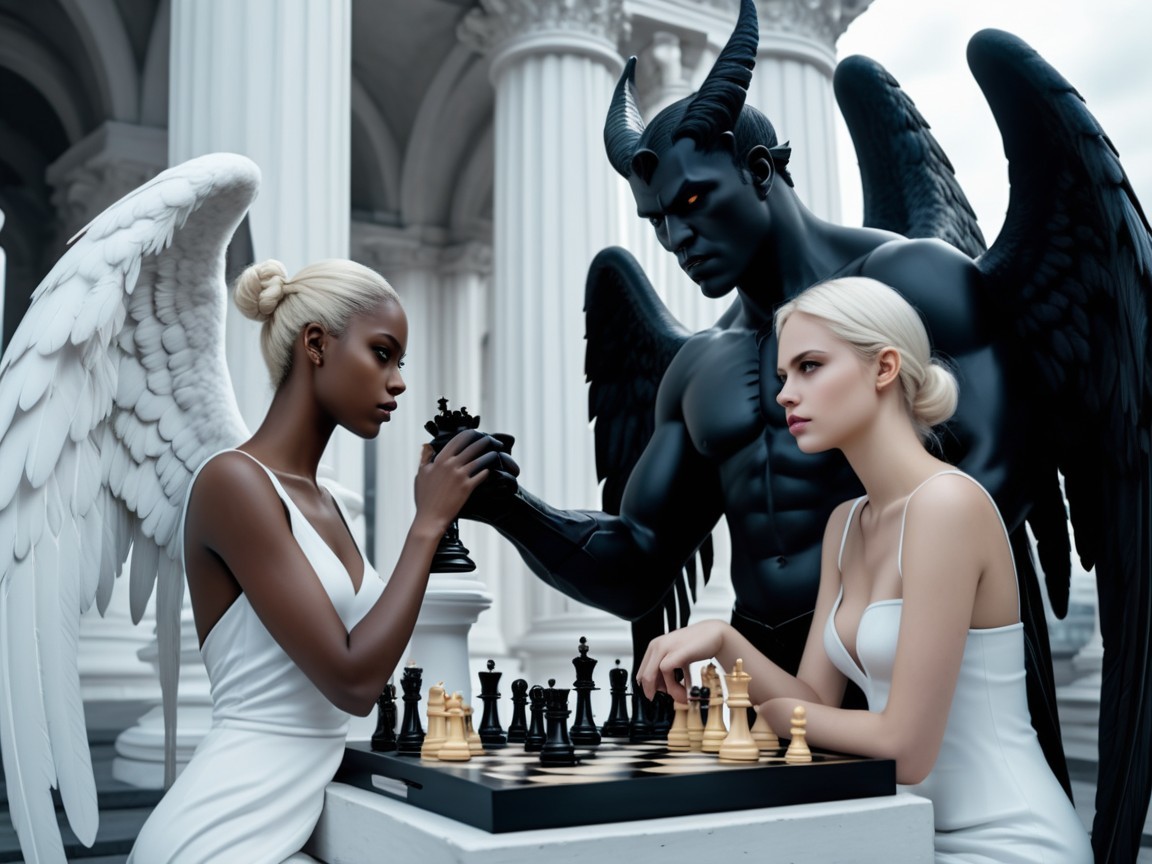 Mythological Chess Match Between Angel and Devil Figures